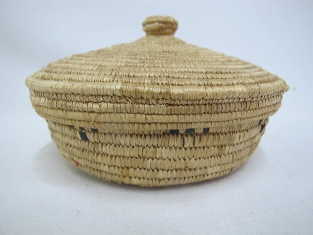 Antique ALASKAN Inuit Small Woven Geometric Design Coil BASKET with Lid