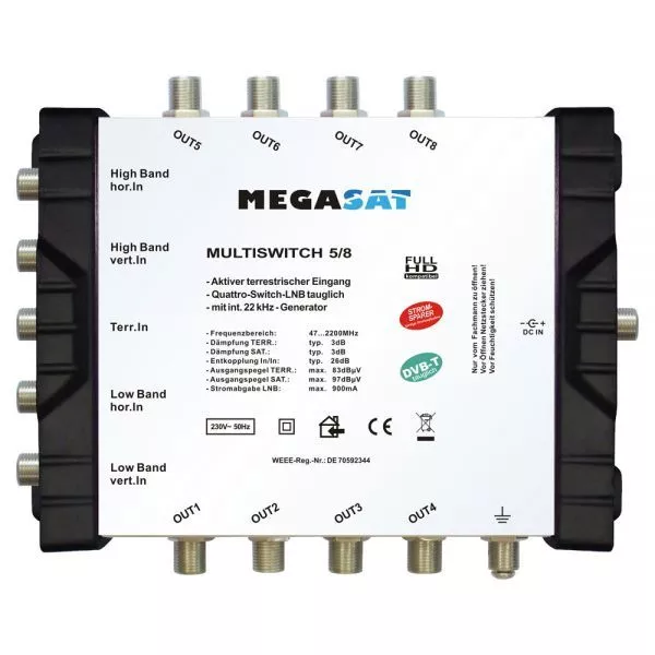 Megasat Multi-Switch 5/8 Multicommutateur Diseqc Répartition Quad LNB Adapté