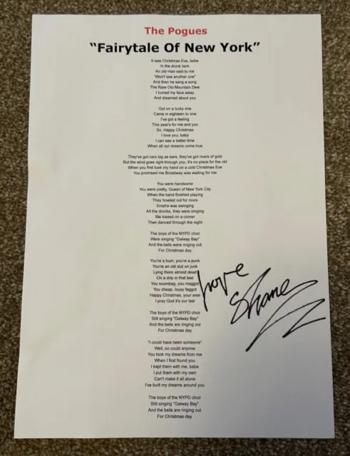 The Pogues Shane MacGowan ‘Fairytale Of New York’ Autographed lyrics Print