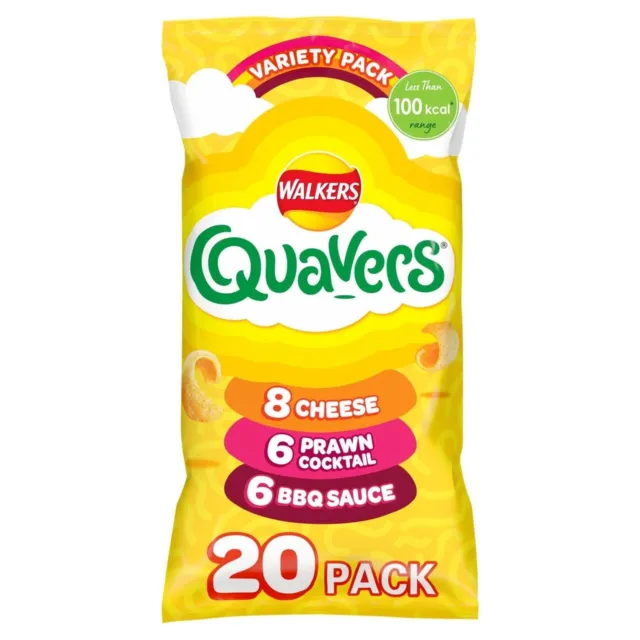 Walkers Quavers Variety Mixed Crisps Cheese Prawn BBQ Snacks 16g pack of 20