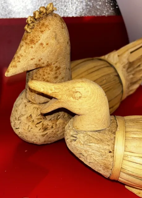 2-Vintage Duck Decoys Cork, Straw, Corn Husk, Reed, Wood Folk Art