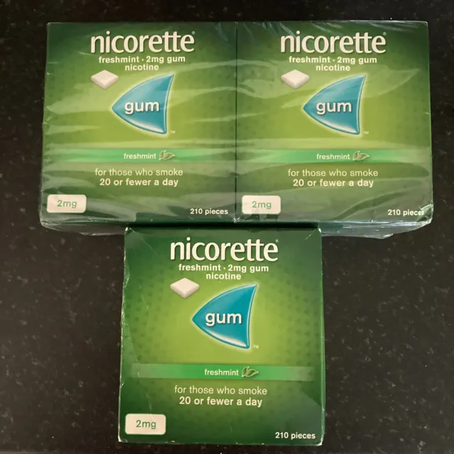 3 chicles de nicotina sin azúcar Nicorette recién menta, 2 mg - 630 en total. Exp 2024