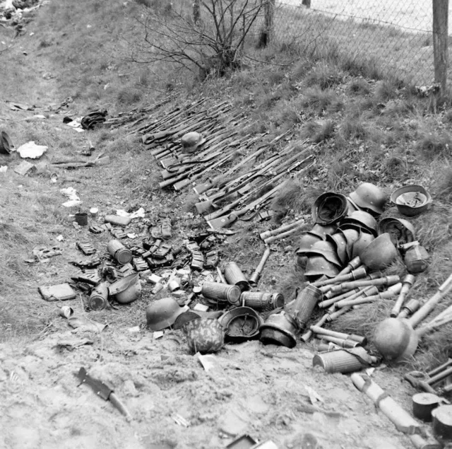 WW2 WWII Photo German Equipment Surrendered Rifles & Helmets  World War Two 2651