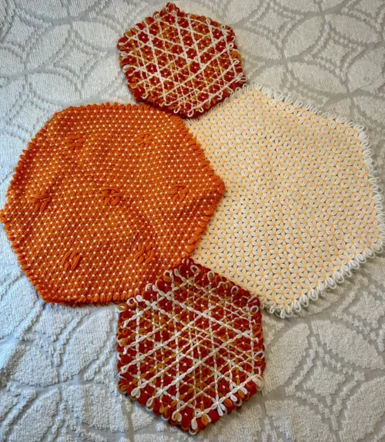 Vtg 1970s Lot 4 White & Orange Hexagon DAISY Loom Table Trivet hot plate mat
