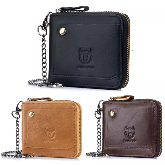 Mens Wallet with Chain Genuine Leather Biker Trucker RFID Credit ID Cards Holder