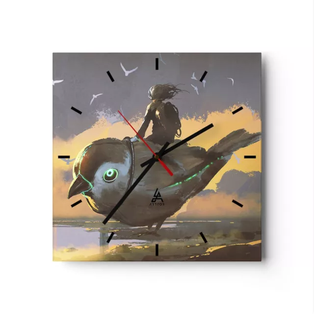 Horloge murale en verre 30x30cm Silencieuse fantaisie oiseau Wall Clock