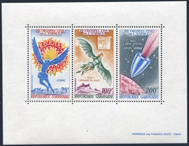 Gabon C94a sheet, MNH. Mi Bl.14. 1970. Icarus,Sun,Leonardo da Vinci,Jules Verne.