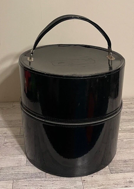 Vintage Black Patent Leather Wig Hat Box Travel Case w/handle Round MCM Suitcase