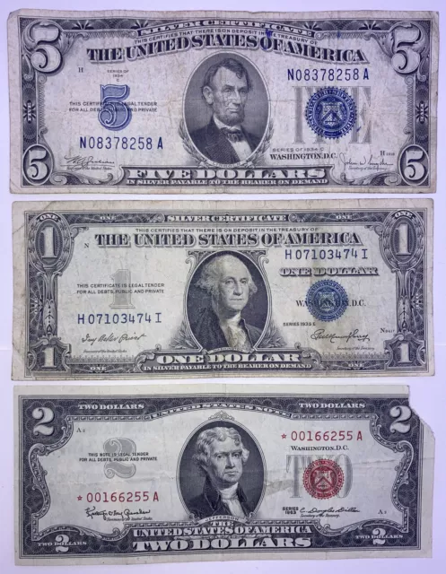 1934($5) Five Dollar, 1935($1) One Dollar Blue Seals, 1953 ($2) Two Dollar Red