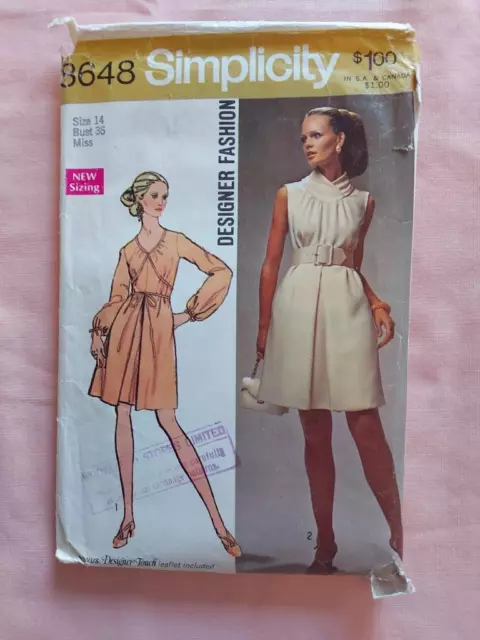 Simplicity 8648 Misses' Vintage Designer Fashion Dress Pattern Size 14, Bust 36