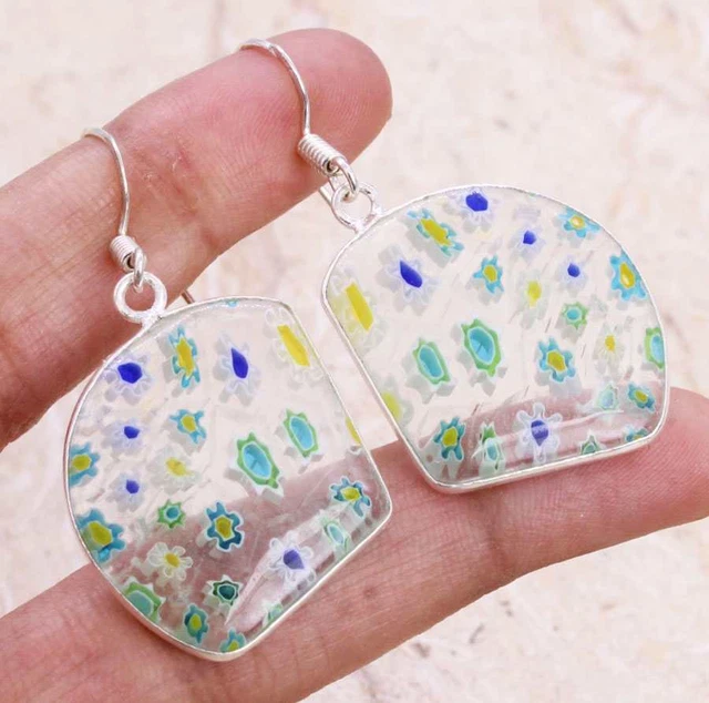Dichroic Glass 925 Silver Plated Handmade Earrings of 1.5" Ethnic Gift