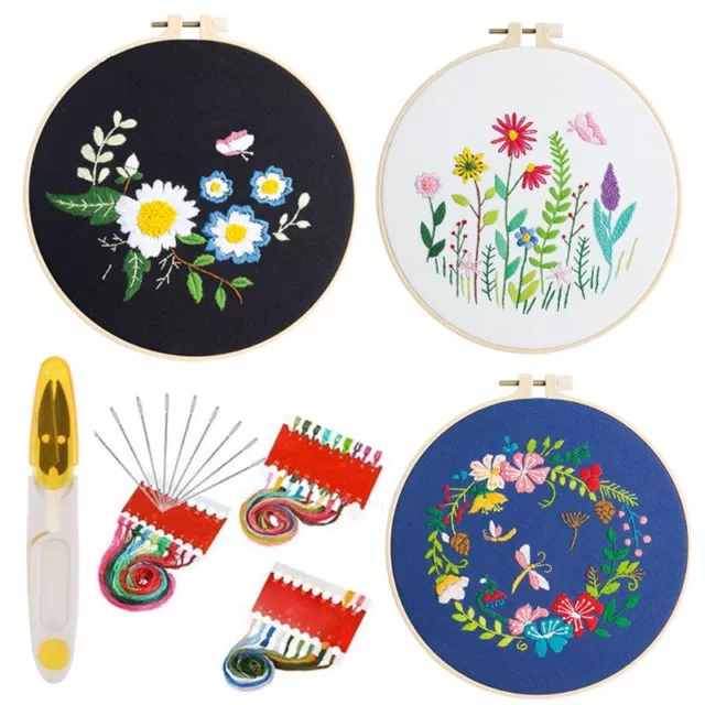 DIY Flowers Pattern Embroidery Set Needlework Tools Printed Beginner Tool