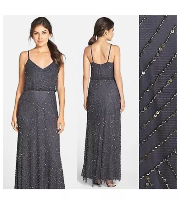 ADRIANNA PAPELL Gunmetal Gold Beaded Embellished Gown size 8