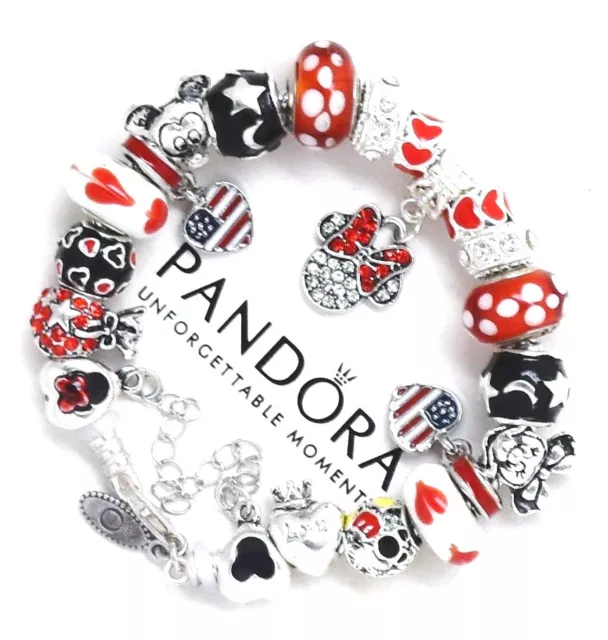 PANDORA Bracelet Silver Disney Mickey Minnie USA Flag Red European Charms New