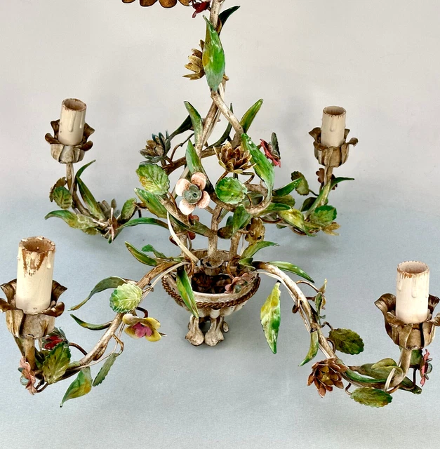 Vintage Italian 4 Arm Toleware Light with Multi Coloured Metal Flowers & Leaves Vintage Italian 4 Arm Toleware Light with Multi Coloured Metal Flowers & Leaves