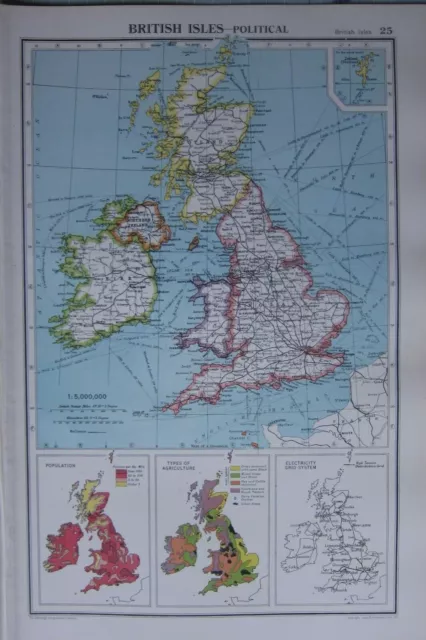 1952 Map ~ British Isles Political England Wales Scotland Agriculture Population