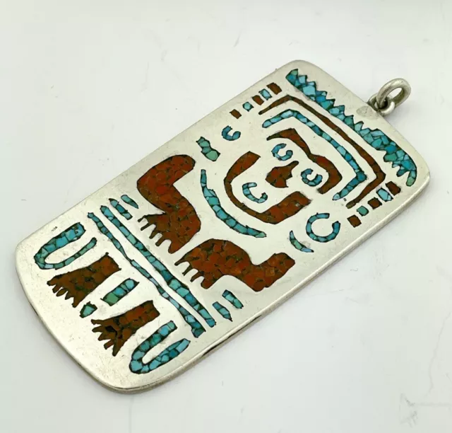 Vintage Mexican Pre-Columbian Sterling Silver Turquoise Inlay Tribal Pendant