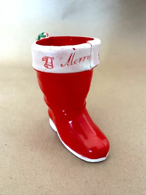 VINTAGE ROSBRO HARD Plastic Red White Santa Boot Candy Container Merry ...