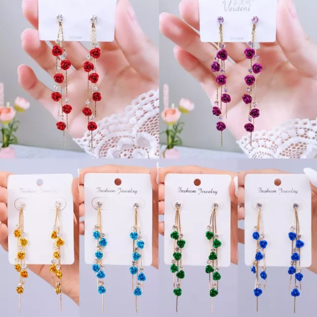 Fashion Rose Flower Crystal Tassel Earrings Stud Women Drop Dangle Party Jewelry