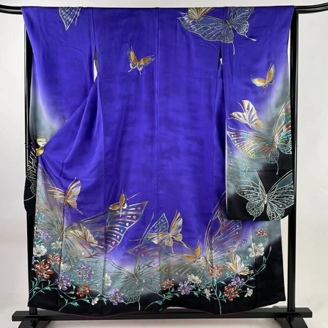 Japanese Kimono Furisode Pure Silk Butterfly Flower Gold Thread Purple Color