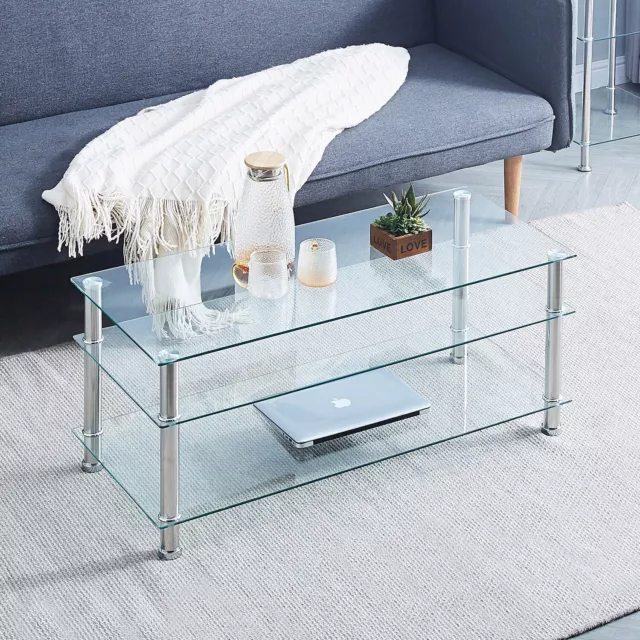 3 Tiers Clear Tempered Glass Coffee Table with Storage Shelves Stainless Steel