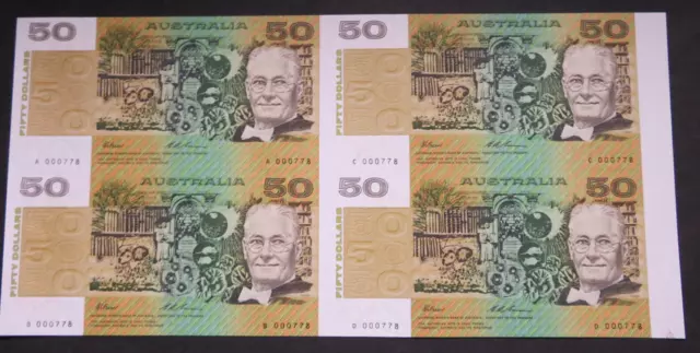 (1994) $50 Uncut Block of 4 - Fraser/Evans. Black Serials.. In NPA Folder..