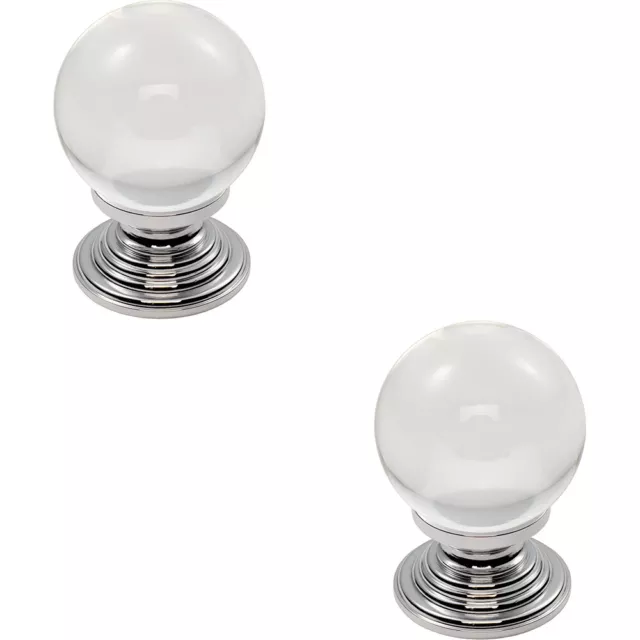 2x Crystal Ball Cupboard Door Knob 30mm Diameter Clear Translucent & Chrome