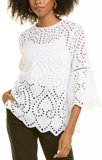 $315 NEW Pearl by LELA ROSE Medallion EYELET Tunic Top White Blouse S L