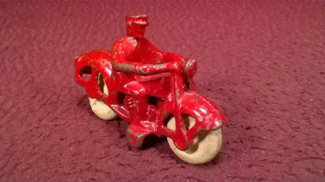Vintage Hubley Cast Iron Motorcycle W/ Rider - Red - White Wheels 3.25-In