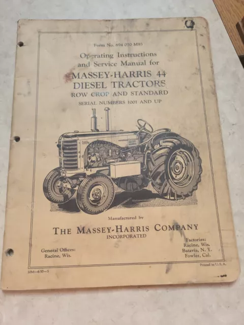 Genuine 1957 Massey Harris 44 Diesel Tractor Row Crop Standard Operators Manual
