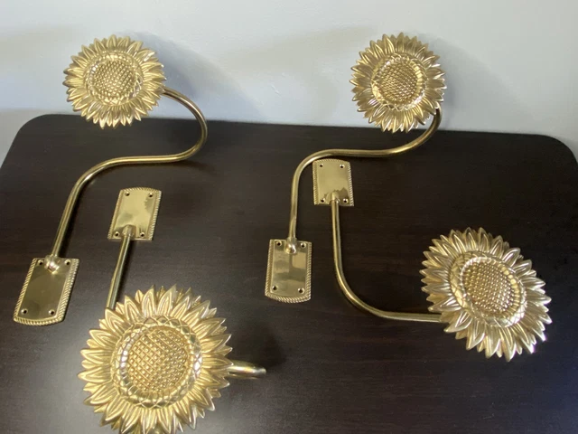 2 Vintage Pair Sunflower Brass Wall Mount Hook Curtain Drapery Tie Backs Retro