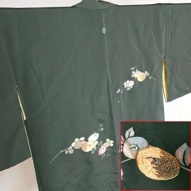 0465:Japanese Kimono "HAORI" Antique Kimono Black Embroidery manju chrysanthemum