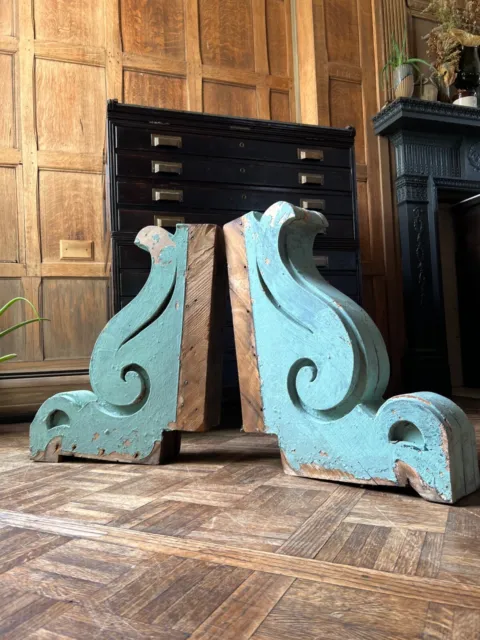 Pair Of Antique Wood Corbels, Large Blue Painted Corbels, Architectural Salvage