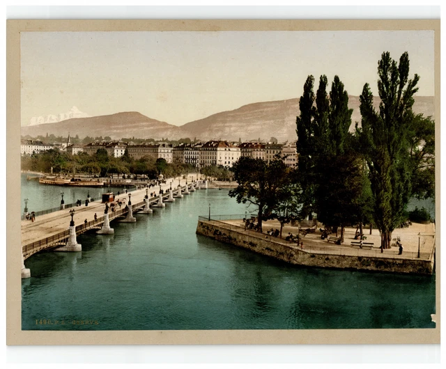 Photochromie Vintage 1896 - Barque Sur Le Lac Léman Près De Montreux (Suisse) - 20.5x22.5 Cm