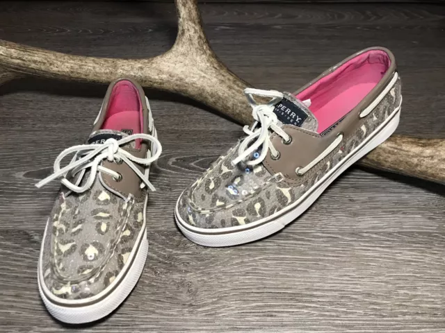Sperry Top-Sider Women's Bahama 2-Eye Leopard Sequin Boat Shoe Sz 6.5M