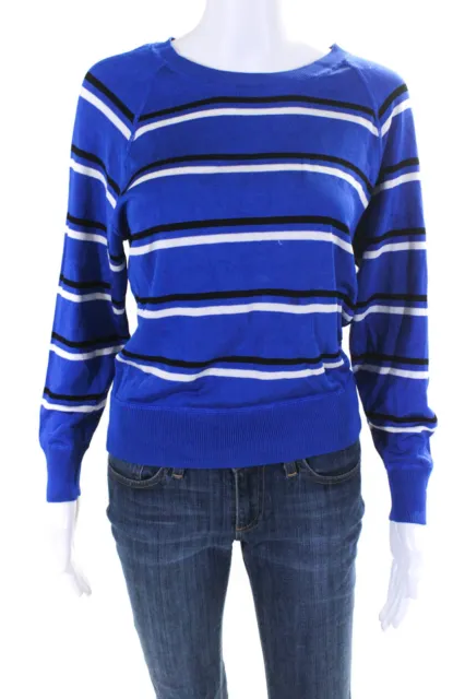 Sandro Paris Womens Striped Long Sleeve Round Neck Textured Top Blue Size M