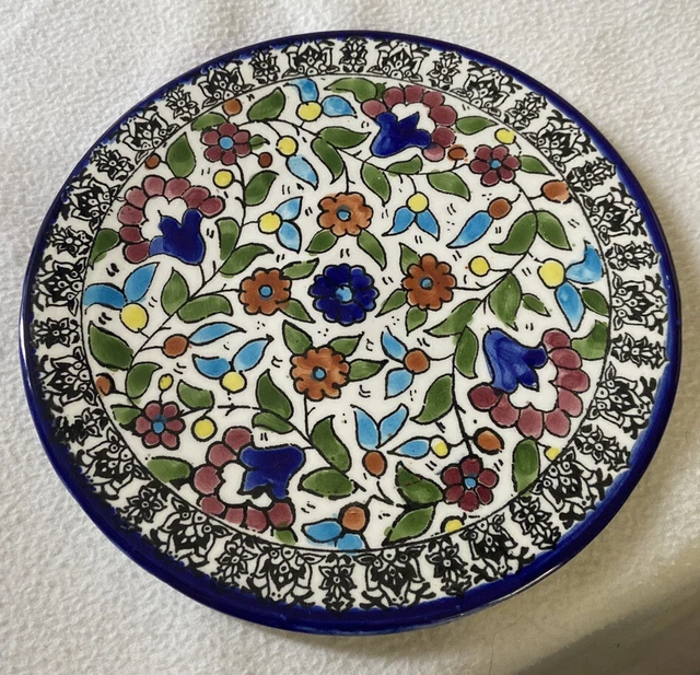 Vintage 1980'S Jerusalem Art Pottery Hand Painted Floral Ceramic Plate 8 1/4”
