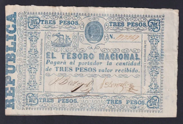 Paraguay Schatztruhe Nacional 3 Pesos 1865 P 23 Spl / XF A-02