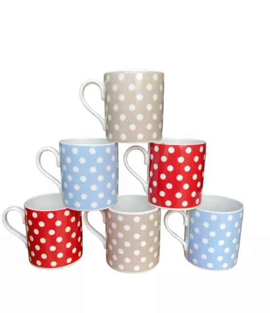 6 Polka Dot Mugs Fine Bone China Spotty Mugs  Coffee Tea Mugs Set red blue brown