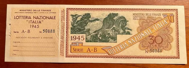 Biglietto Lotteria Nazionale ITALIA  serie A-B 50888 L. 30 anno 1945 con matrice