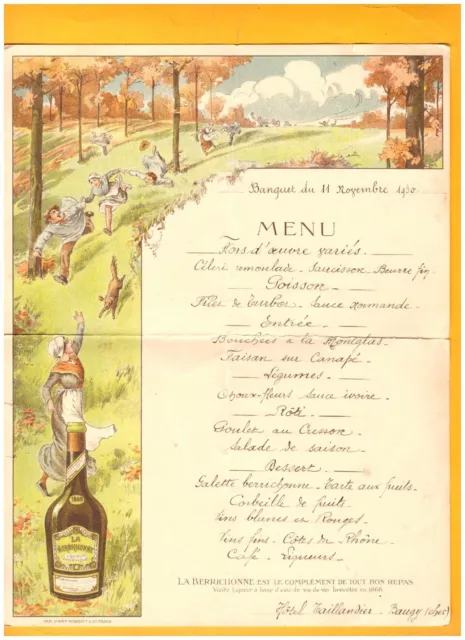 BAUGY (18) HOTEL TAILLANDIER ,MENU du 11.11.1930 / Publicité LIQUEUR BERRICHONNE