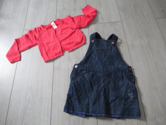 ensemble été fille : robe salopette en jean + gilet rouge 18 mois cadet