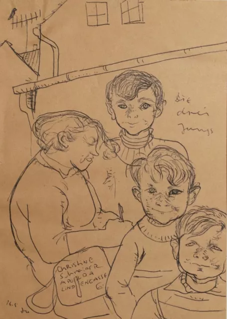 Vintage ink drawing three boys and their mother portrait 2