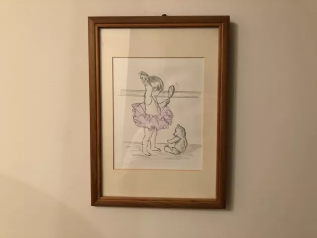 Disney Winnie The Pooh Ernest Howard Shepard? Framed Art Pencil Sketch Print