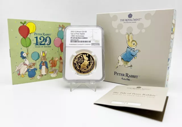 Great Britain UK 2022 £100 Peter Rabbit 120th Anniversary 1oz Gold Coin NGC PF69