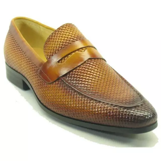 Carrucci Men's Cognac Burnished Woven Calfskin Penny Loafer Casual Dress Shoes