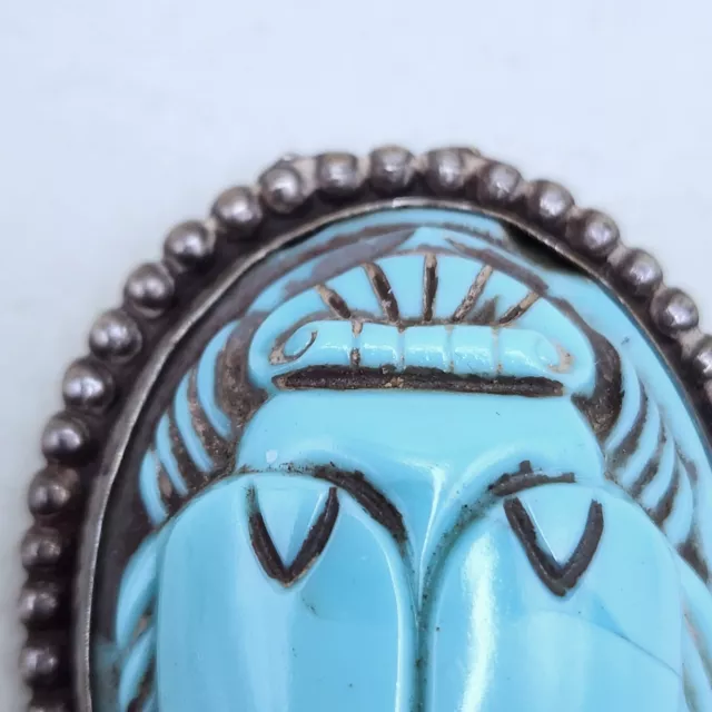 Vtg Scarab Molded Glass Brooch Blue Egyptian Revival Silver Tone Estate Pin READ 3