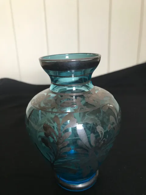 VINTAGE COBALT BLUE  GLASS POSEY VASE WITH SILVER OVERLAY  13cm