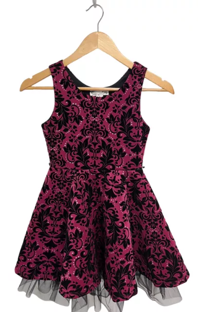 Knit Works Girl's Sleeveless Burgundy Red And Black Velvet Floral Dress Size 8