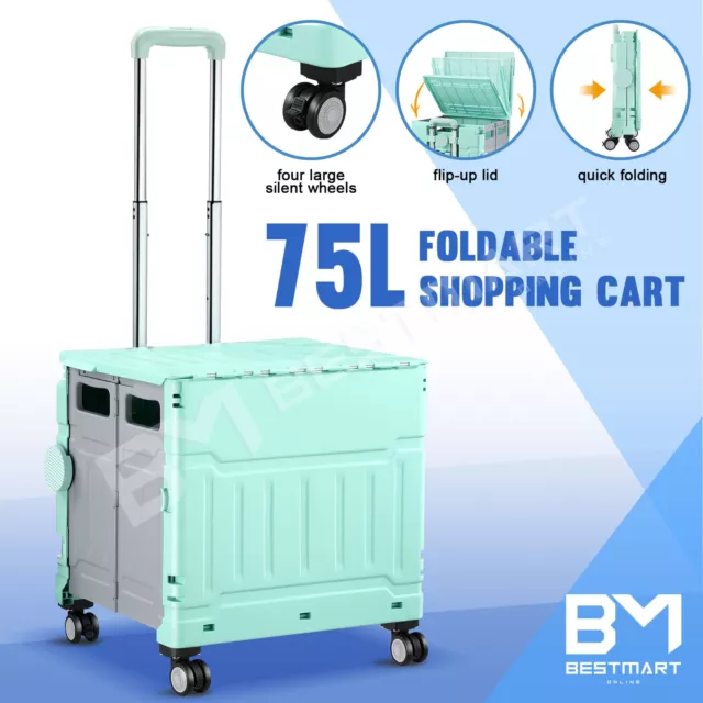 Folding Shopping Cart Trolley 75L Crate Grocery Storage Rolling Wheels Carts